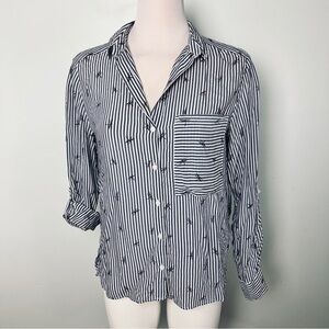 Next Blue & White Stripe Dragonfly Print Button Front Shirt -Women's Size Medium